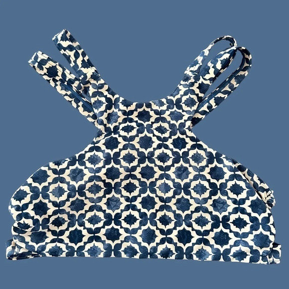 Tori Praver Seafoam Womens Medium Blue Print Smocked Strappy Bikini Top Swimwear - Picture 1 of 4
